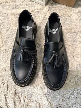 Dr. Martens Black Leather Tassel Loafers with Yellow Stitching